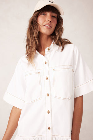 SHORT SLEEVE TIERED POCKET SHIRT DRESS