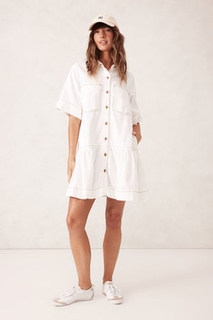 SHORT SLEEVE TIERED POCKET SHIRT DRESS