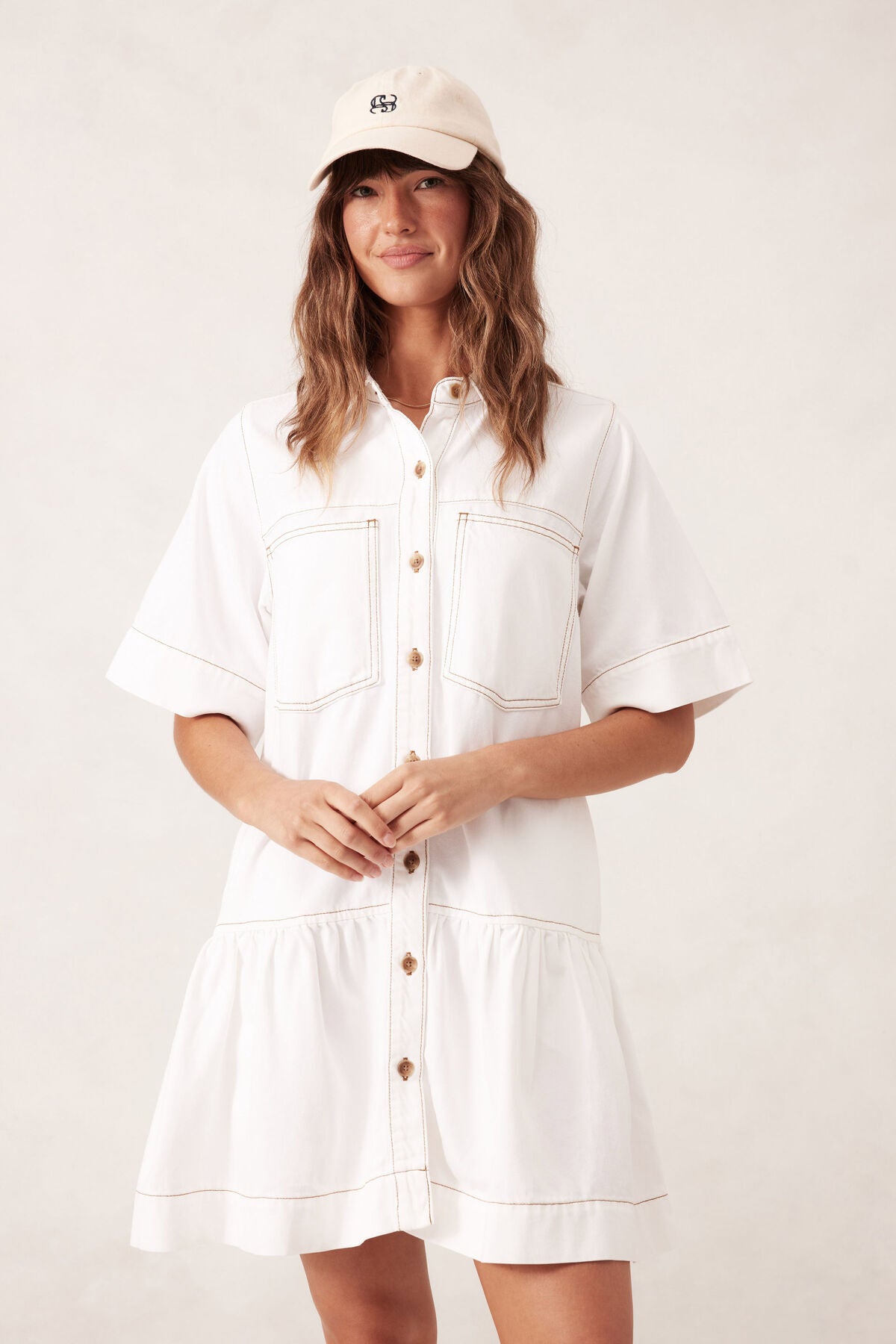 SHORT SLEEVE TIERED POCKET SHIRT DRESS