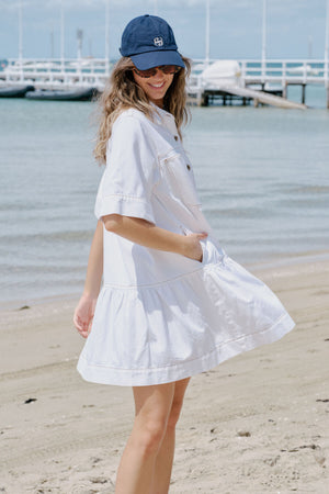 SHORT SLEEVE TIERED POCKET SHIRT DRESS