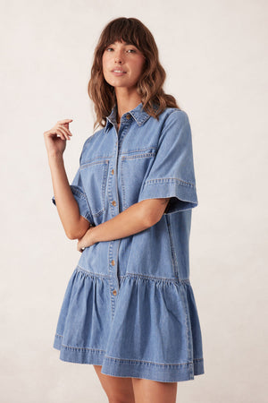 SHORT SLEEVE TIERED POCKET SHIRT DRESS