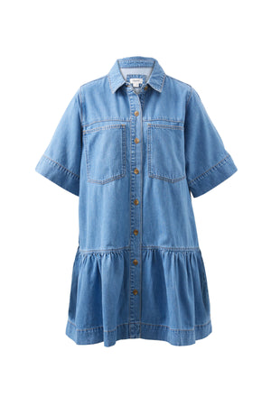 SHORT SLEEVE TIERED POCKET SHIRT DRESS