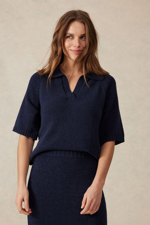 SHORT SLEEVE COLLARED KNIT- NAVY