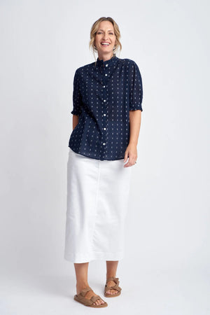 FRILLED CUFF COTTON DOBBY SHIRT- NAVY