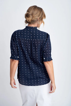 FRILLED CUFF COTTON DOBBY SHIRT- NAVY