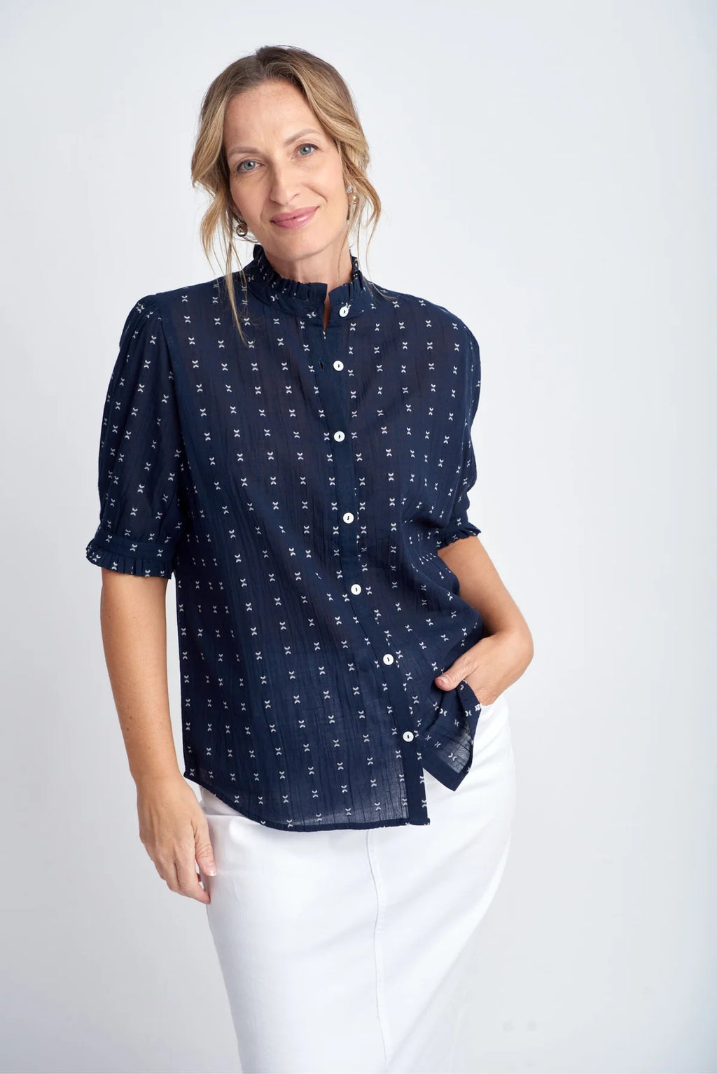 FRILLED CUFF COTTON DOBBY SHIRT- NAVY